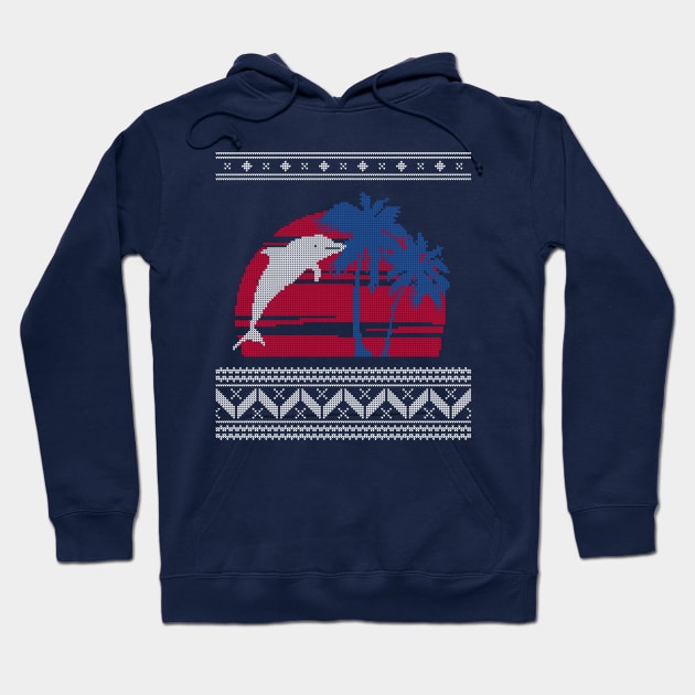 Blue and Red Palm Tree and Dolphin Ugly Christmas Sweater Design Hoodie by YourGoods